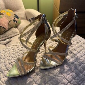Jessica Simpson Silver Metallic Rhinestone Strappy High Heels